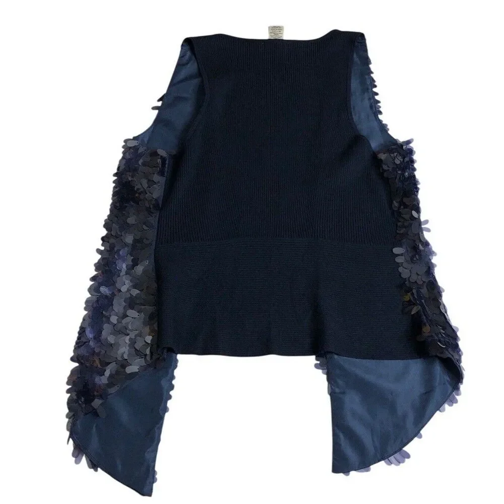 Cache Cardigan Vest Womens S Blue Sequined Sleeveless Open Ribbed Career Chic - Picture 9 of 12